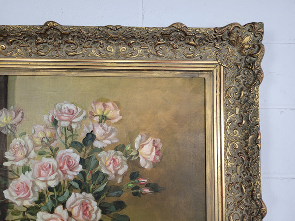 Delightful Gilt Framed signed oil on Canvas. Depicting bowl of Roses. In good original condition.