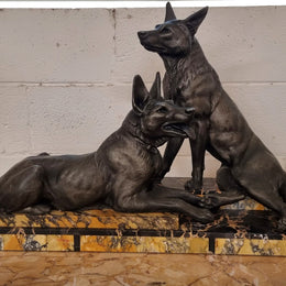 French Art Deco Statue Of Two German Shepherds On Marble Base