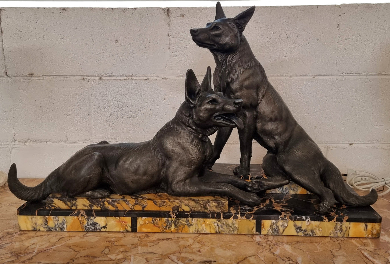 French Art Deco Statue Of Two German Shepherds On Marble Base