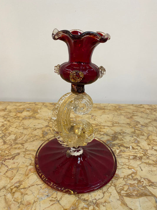 Murano/Venetian ruby, clear & gilt glass aventurine vase with fish decoration.