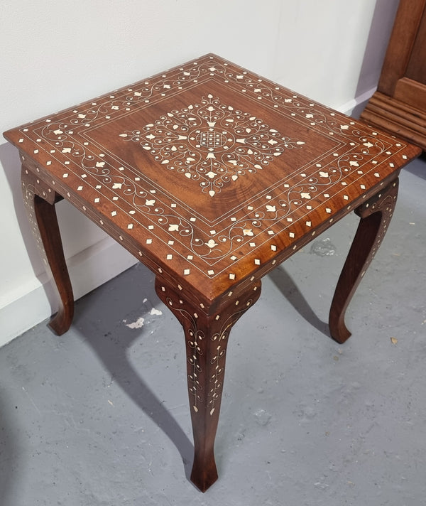 Stunning Indian Teak bone inlay square occasional table. In good original detailed condition.