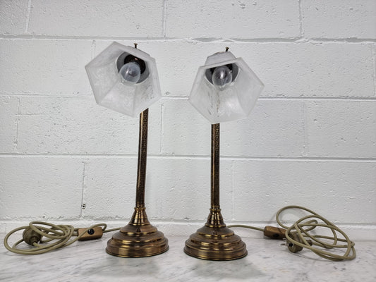 Pair of French Antique style table lamps with glass shades. In very good condition and in working order.