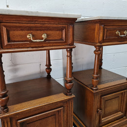 Pair of French Oak Marble Top Open Shelf Bedside Cabinets