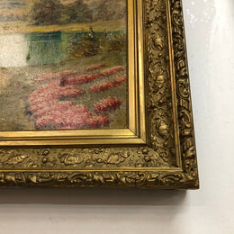 Beautiful French country scene oil on canvas in a lovely decorative frame in good original condition..