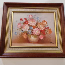 Colorful Vintage Framed Floral Oil On Board