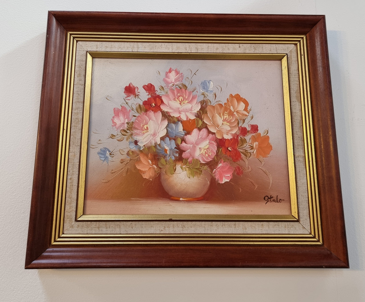 Colorful Vintage Framed Floral Oil On Board