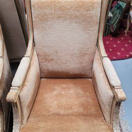 Pair of Louis XVI style painted arm chairs with carving & fluted legs. They have been sourced from France and the fabric is in good used original condition. Please view photos as they help form part of the description.