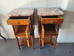 Pair of Louis XVI Style Mahogany Marquetry Inlaid Marble Top Bedside Cabinets | Antique & Vintage | Moonee Ponds Antiques | Australia Wide Delivery