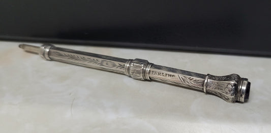 Interesting sterling silver and amethyst propelling and extending pencil. In good original condition, please view photos as they help form part of the description.