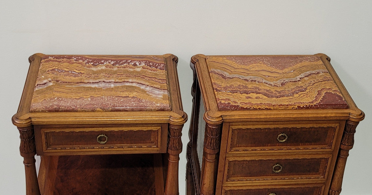 Impressive Pair Henry II Style Walnut bedsides. Beautiful red onyx marble tops and fine carving decoration. One is open style with one drawer and shelf whilst the other has three drawers. Fully restored condition.