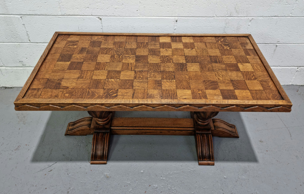 Amazing French Oak solid parquetry top coffee table. Great size and in very good original detailed condition.