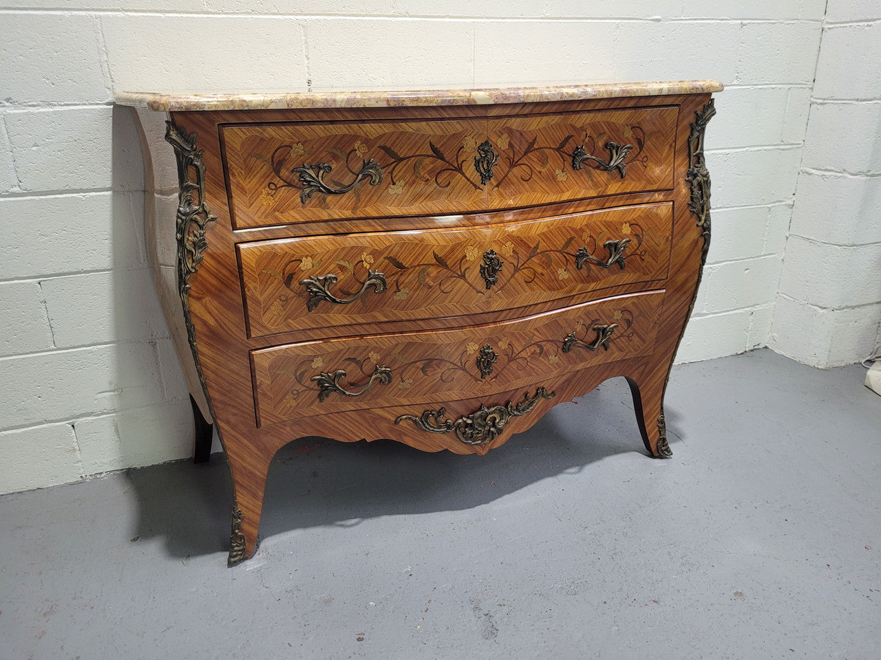 French Three Drawer Marquetry Inlaid Marble Top Commode | Antique & Vintage | Moonee Ponds Antiques | Australia Wide Delivery