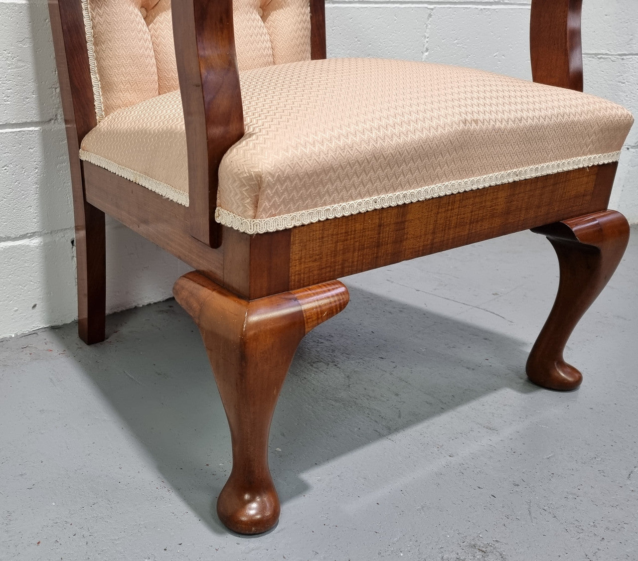 Australian Fiddleback Blackwood Button Back Upholstered Armchair with Queen Anne Legs