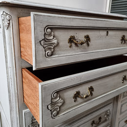 French Louis 15th style Vintage six drawer chest with panelled sides, carving and original paint.  Sourced from France and in good original condition.
