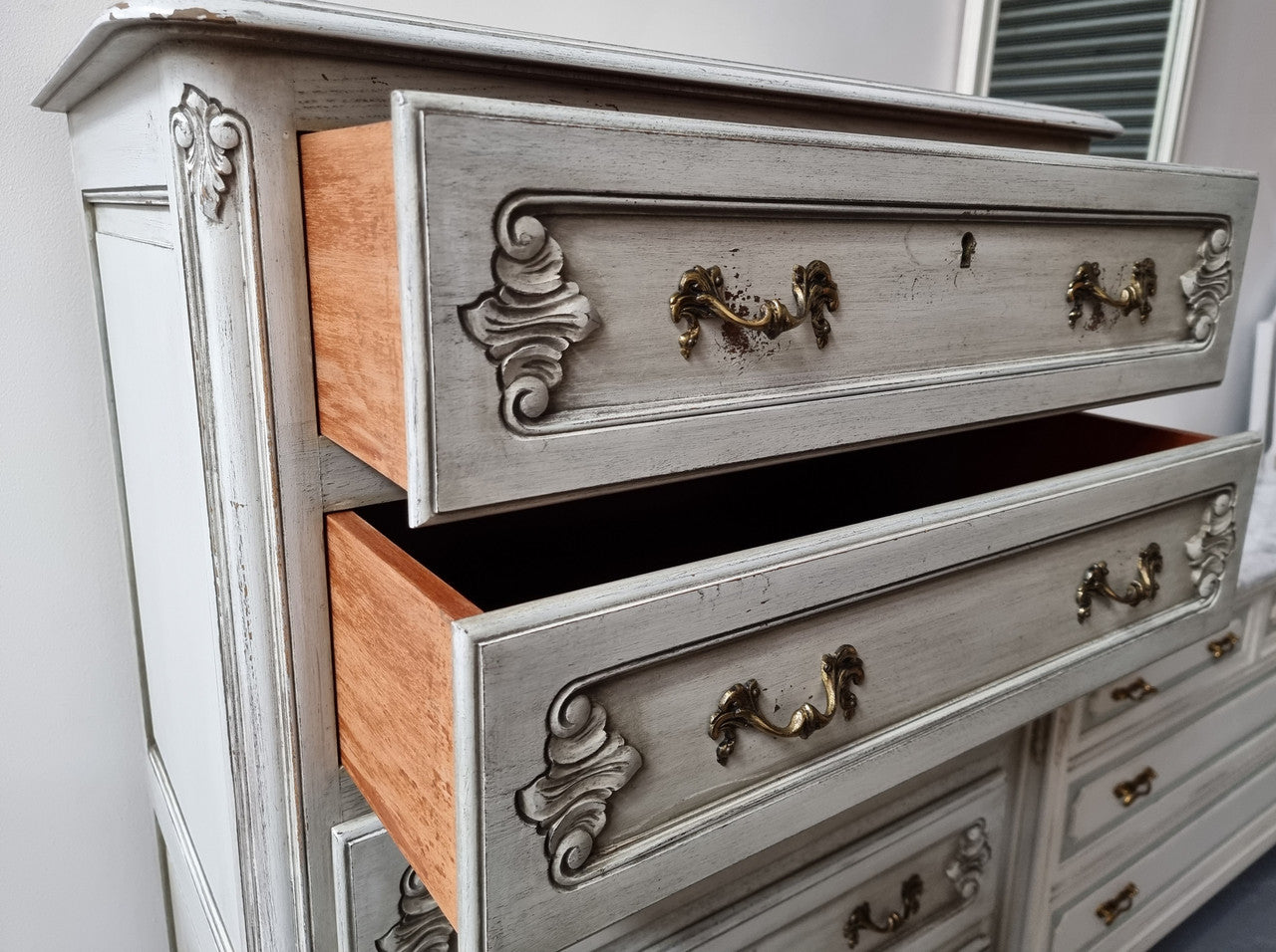 French Louis 15th style Vintage six drawer chest with panelled sides, carving and original paint.  Sourced from France and in good original condition.