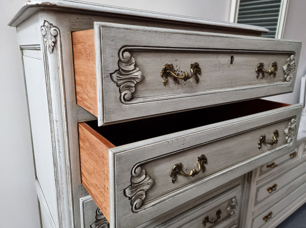 French Louis 15th style Vintage six drawer chest with panelled sides, carving and original paint.  Sourced from France and in good original condition.
