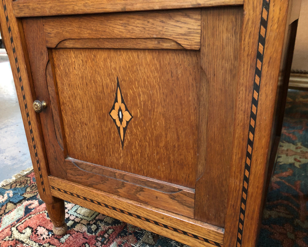 Beautiful Pair of French Oak Inlaid Marble Top Bedside Cabinets | Antique & Vintage | Moonee Ponds Antiques | Australia Wide Delivery