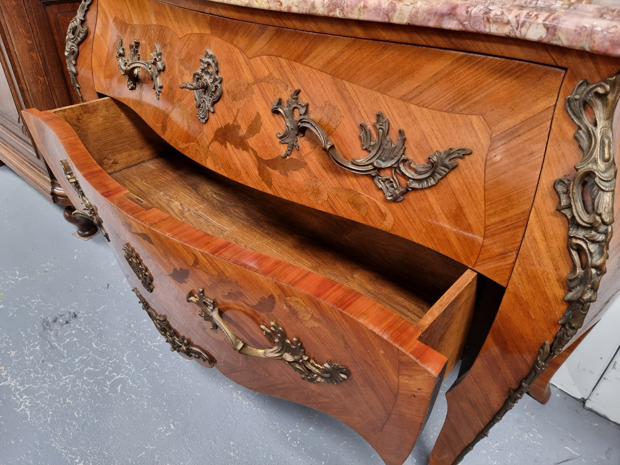 Attractive French Louis XV Style Walnut Two Drawer Marquetry Inlaid Commode | Antique & Vintage | Moonee Ponds Antiques | Australia Wide Delivery