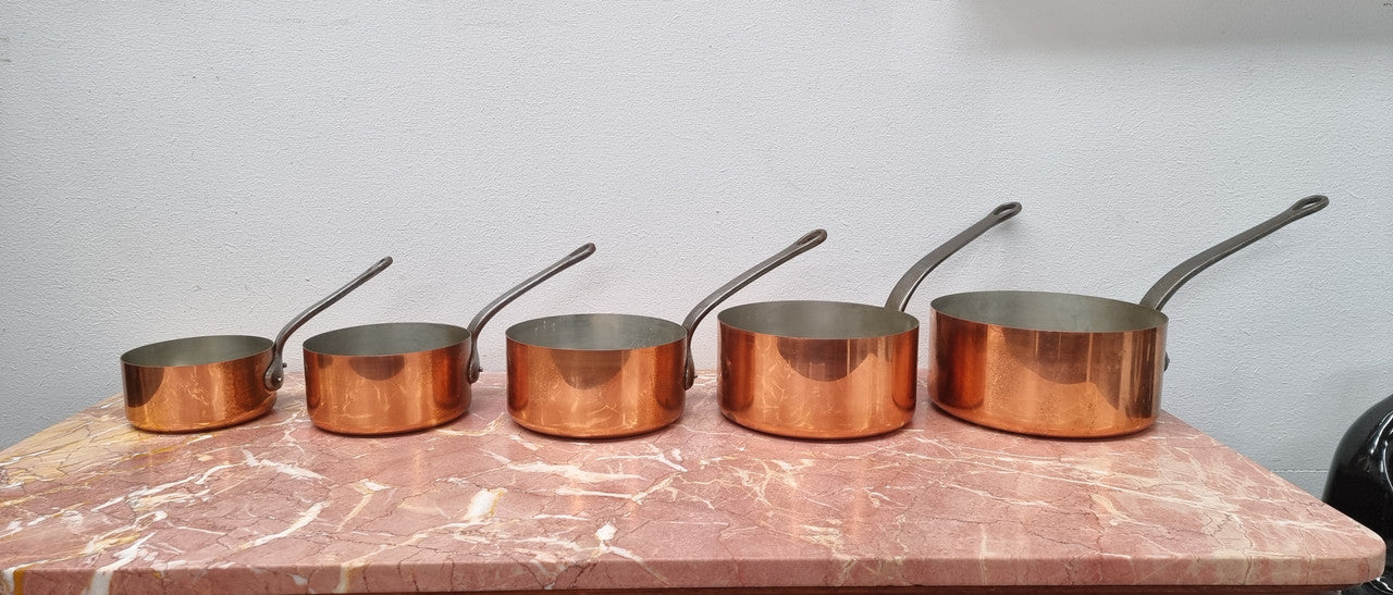 Set of Five Vintage Copper Saucepans with Tin Lining Made In France