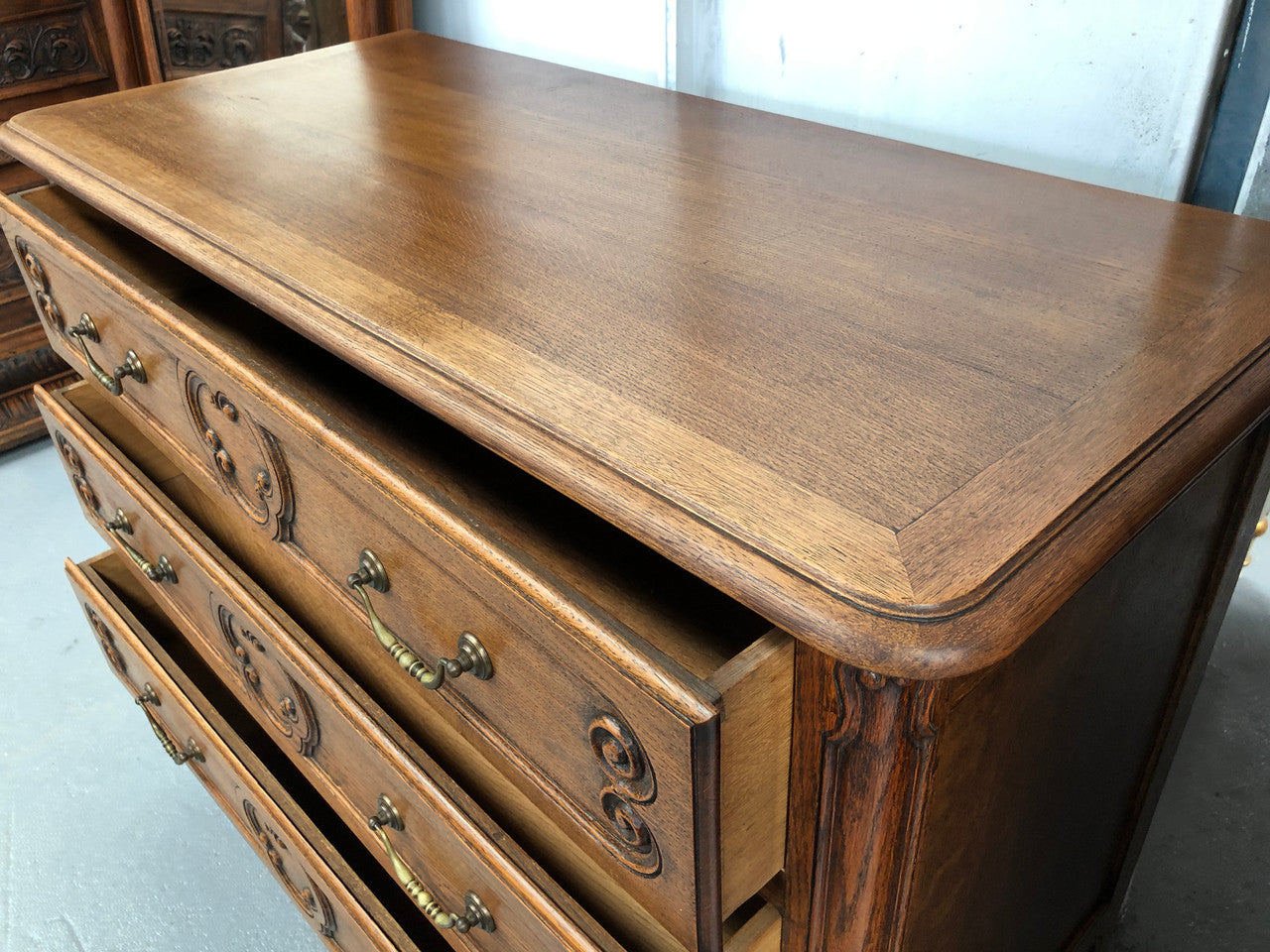 French Nicely Carved Oak Chest of Three Drawers | Antique & Vintage | Moonee Ponds Antiques | Australia Wide Delivery