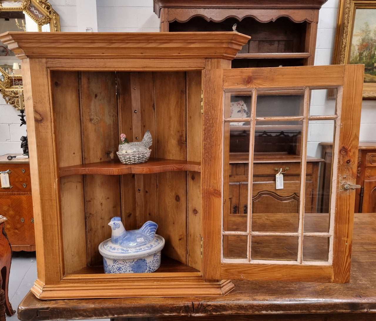 Vintage Victorian style pine corner cabinet with 2 shelves for display in good original condition.