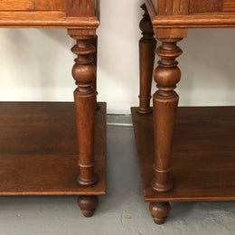 A lovely pair of French Oak, marble top bedside cabinets with a cupboard and drawer in good original condition.