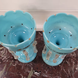 Pair of blue Opaline glass Victorian lustre vases. Please view photos as they help form part of the description.