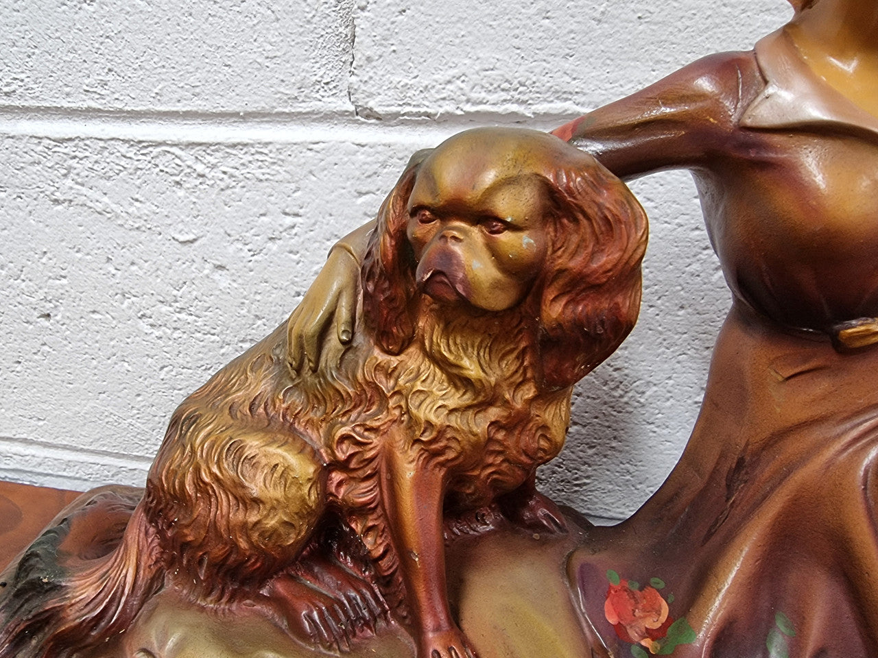 Appealing Art Deco Statue of a Woman & Two King Charles Spaniel Dogs