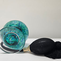 Teign Valley Glass TVG Art Glass perfume bottle in blue/green glass with working atomiser. Please see photos as they form part of the description.
