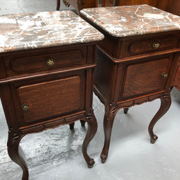 Pair Of  French Oak & Marble Top Bedsides