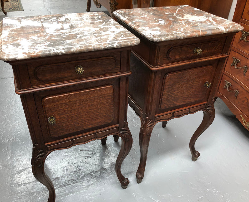 Pair Of  French Oak & Marble Top Bedsides