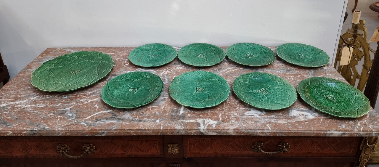 Fabulous rare set of 8 French Majolica plates (Autumn Leaves) 8 plates and a charger plate in good original condition.