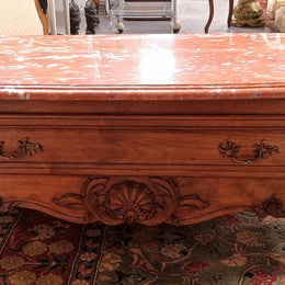 Amazing original walnut Louis XV style coffee table with a marble top, one drawer on either end and a faux drawer at the front. In good original detailed condition, sourced in France.