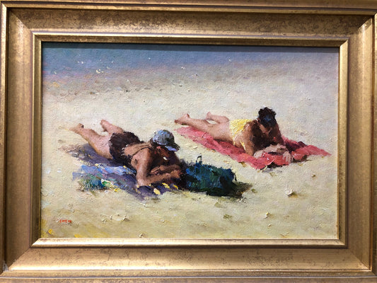 Framed Beach Oil On Board Painting By David Chen