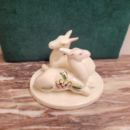 Goldscheider Myott Art Deco figurine of two Gazelle figures with hand painted flowers.  Backstamp dates the figures to 1938-1950 period.  There is some light crazing.