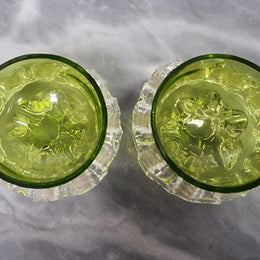 Lovely pair of Victorian green glass open salt bowls with clear frilled edging. In good original condition.