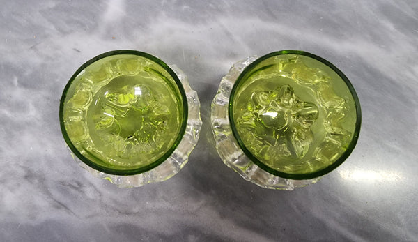 Lovely pair of Victorian green glass open salt bowls with clear frilled edging. In good original condition.