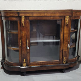 Victorian Rosewood inlaid side cabinet/credenza with velvet lined shelves and gilt mounts. It has been sourced locally and is in good original condition with loads of character.