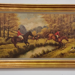 Large signed oil painting on canvas of a "Fox Hunt" scene. Sourced in France and is in good original detailed condition.