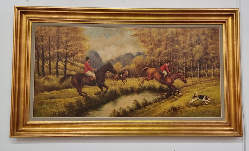 Large signed oil painting on canvas of a "Fox Hunt" scene. Sourced in France and is in good original detailed condition.