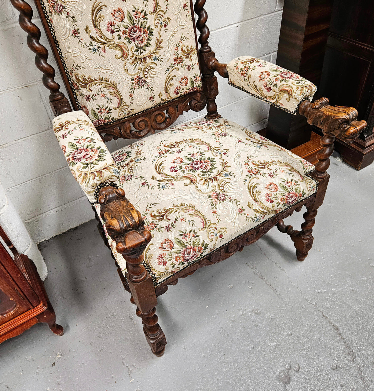 Early 19th Century French renaissance beautifully carved chair with stunning new upholstery. In good original condition with new upholstery.