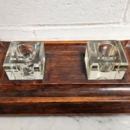 Edwardian Desk & Double Ink & Pen Holder on Wooden Stand.  Original Condition. It has been sourced from France and is in good original detailed condition.