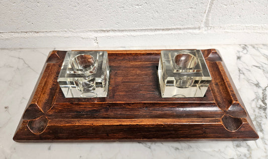 Edwardian Desk & Double Ink & Pen Holder on Wooden Stand.  Original Condition. It has been sourced from France and is in good original detailed condition.
