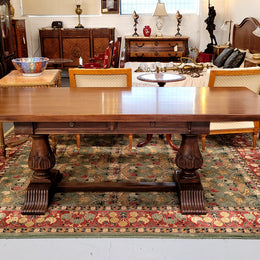 French Walnut Monastery table with two internal drawers. This table can be used as a dining table or as a large desk. It has been sourced from France and is in good original detailed condition.
