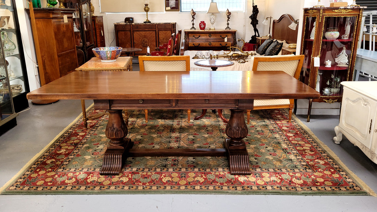 French Walnut Monastery table with two internal drawers. This table can be used as a dining table or as a large desk. It has been sourced from France and is in good original detailed condition.