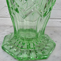 Beautiful green depression glass flower vase with insert. in good original condition.