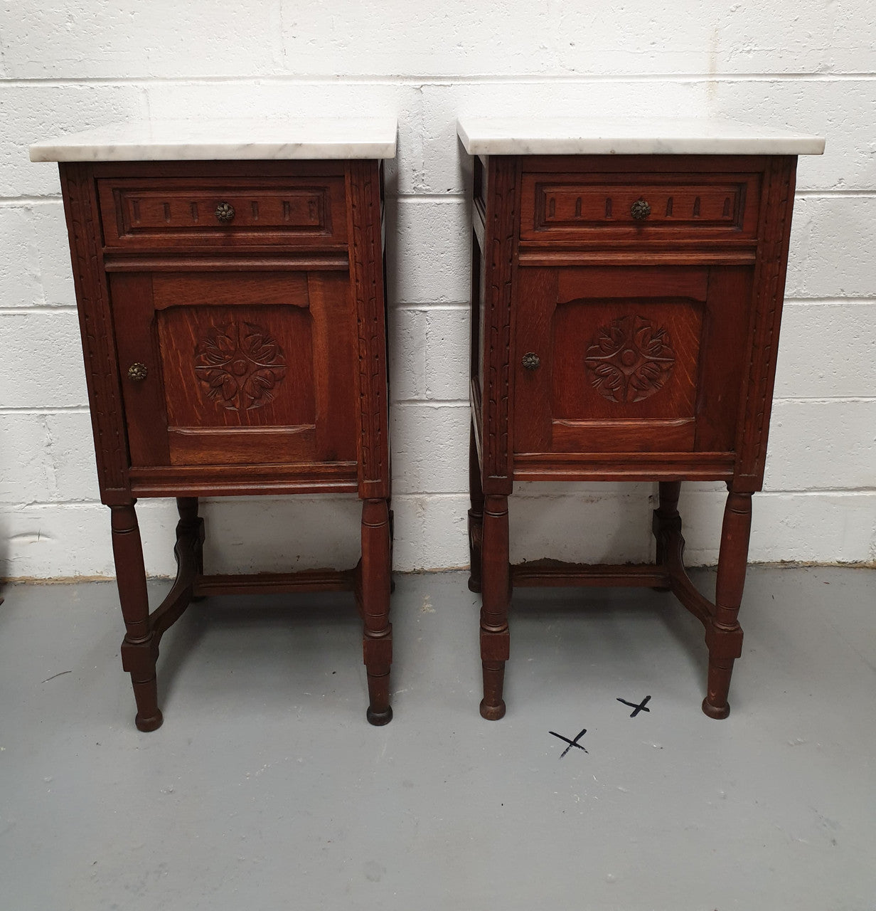 French Pair Of Oak White Marble Top Bedside Cabinets | Antique & Vintage | Moonee Ponds Antiques | Australia Wide Delivery