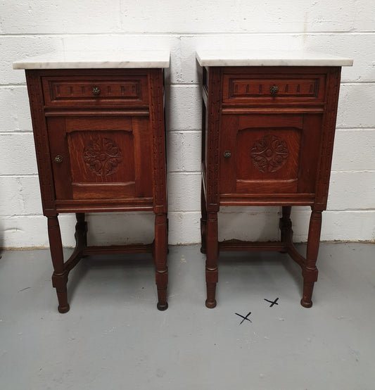 French Pair Of Oak White Marble Top Bedside Cabinets