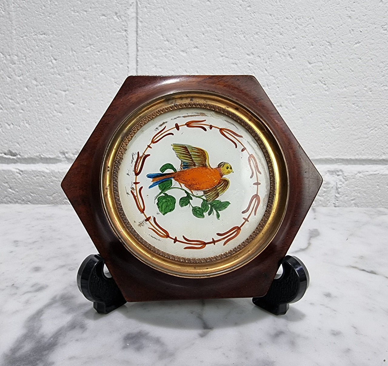 Antique French Hand Painted Reverse On Glass Miniature In Frame