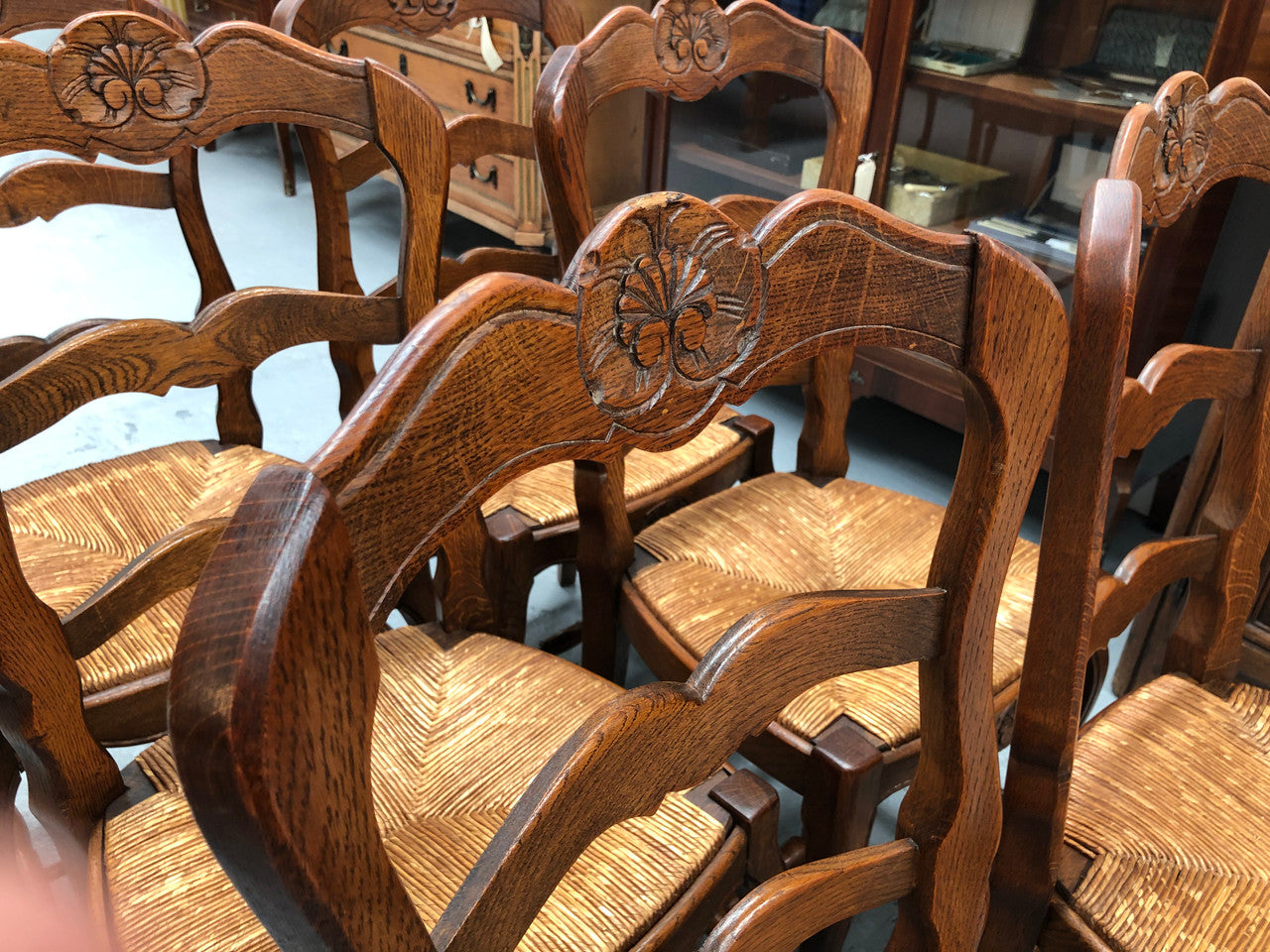 Set of six French rush seat dining chairs and in good sturdy condition.